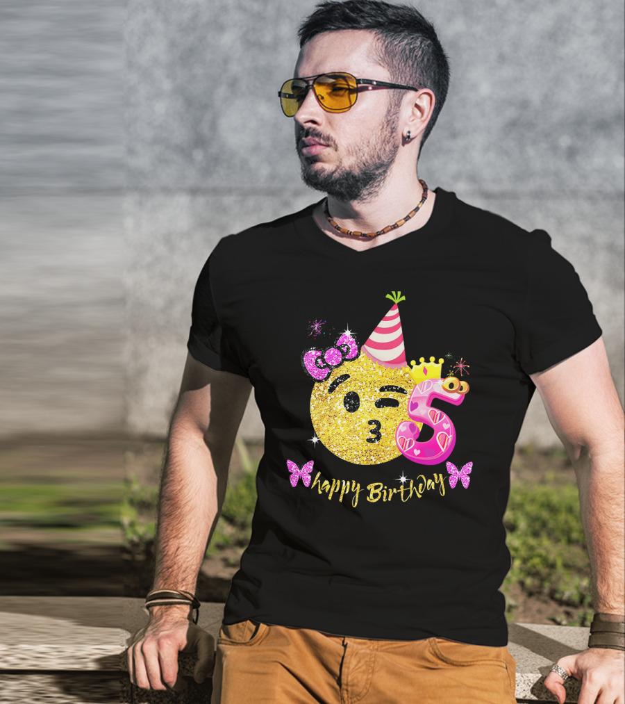 Happy Birthday Five Years Emoji Glitter T-Shirt