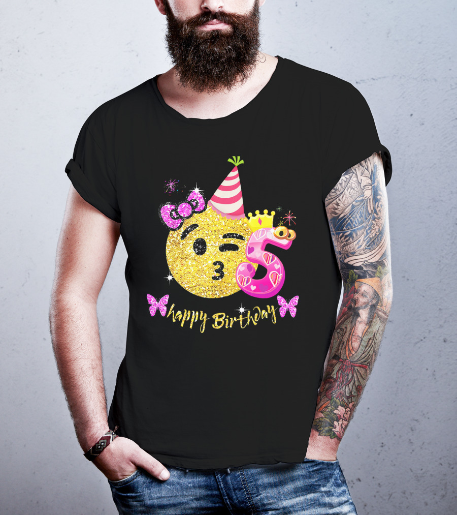 Happy Birthday Five Years Emoji Glitter T-Shirt