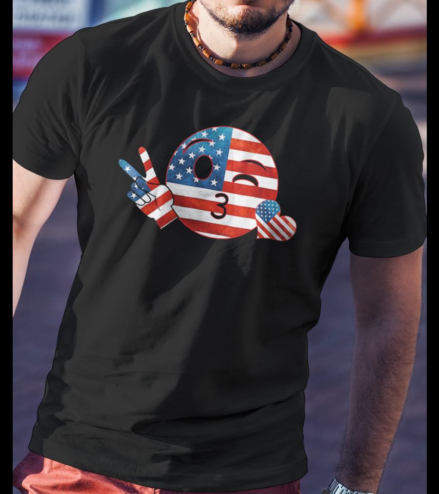 Unique Peace Emoji Patriotic American Flag Kiss Heart T-Shirt