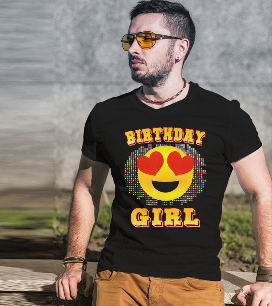 Birthday Girl Heart Eyes Emoji Colorful Pixels T-Shirt
