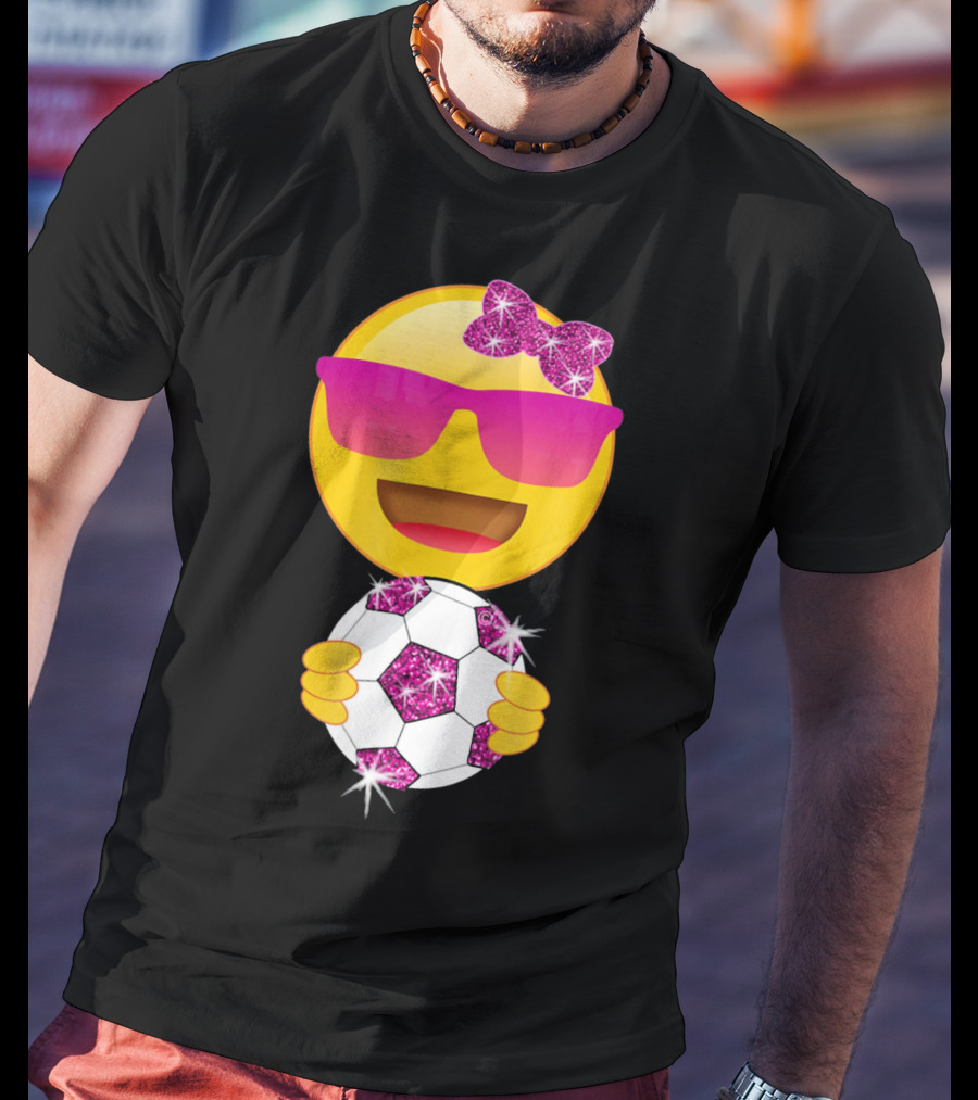 Cute Emoji With Sunglasses Holding A Sparkling Soccer Ball And Glitter Bow T-Shirt