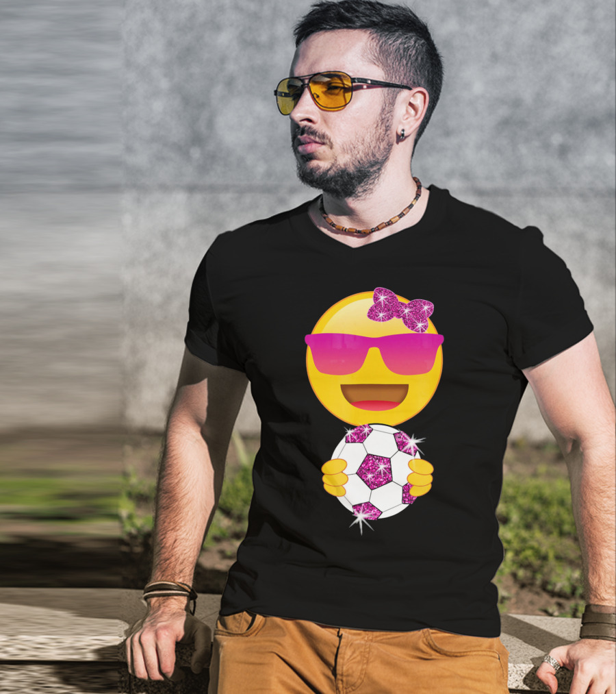 Cute Emoji With Sunglasses Holding A Sparkling Soccer Ball And Glitter Bow T-Shirt