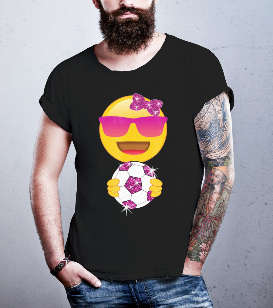 Cute Emoji With Sunglasses Holding A Sparkling Soccer Ball And Glitter Bow T-Shirt