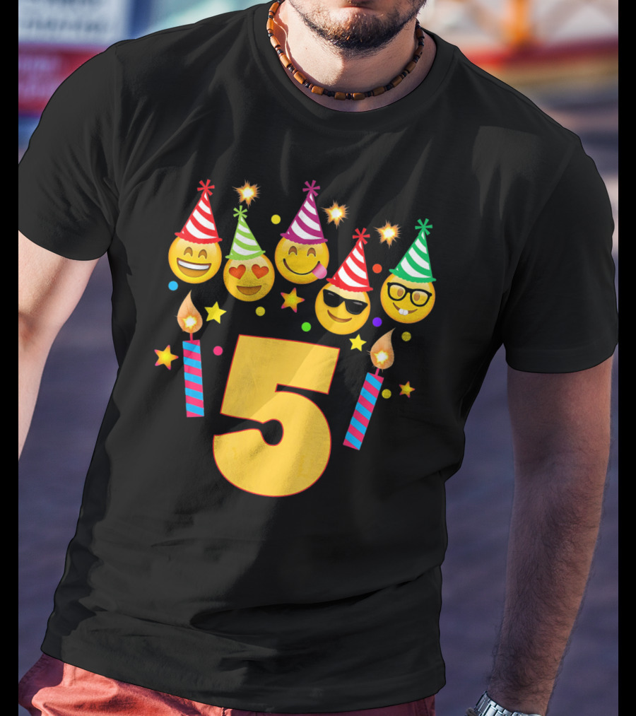 Five Year Old Birthday With Party Emoji Faces And Candles T-Shirt