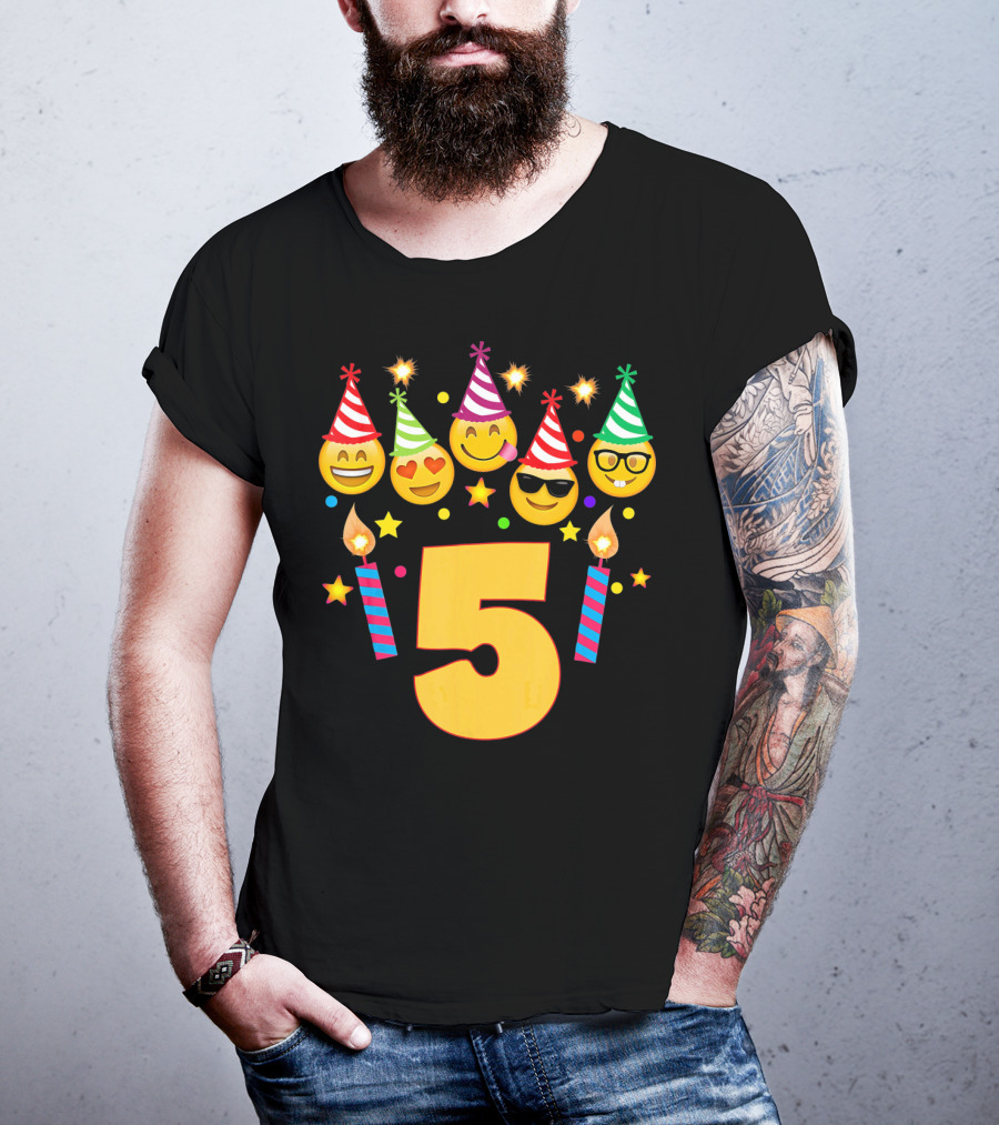 Five Year Old Birthday With Party Emoji Faces And Candles T-Shirt