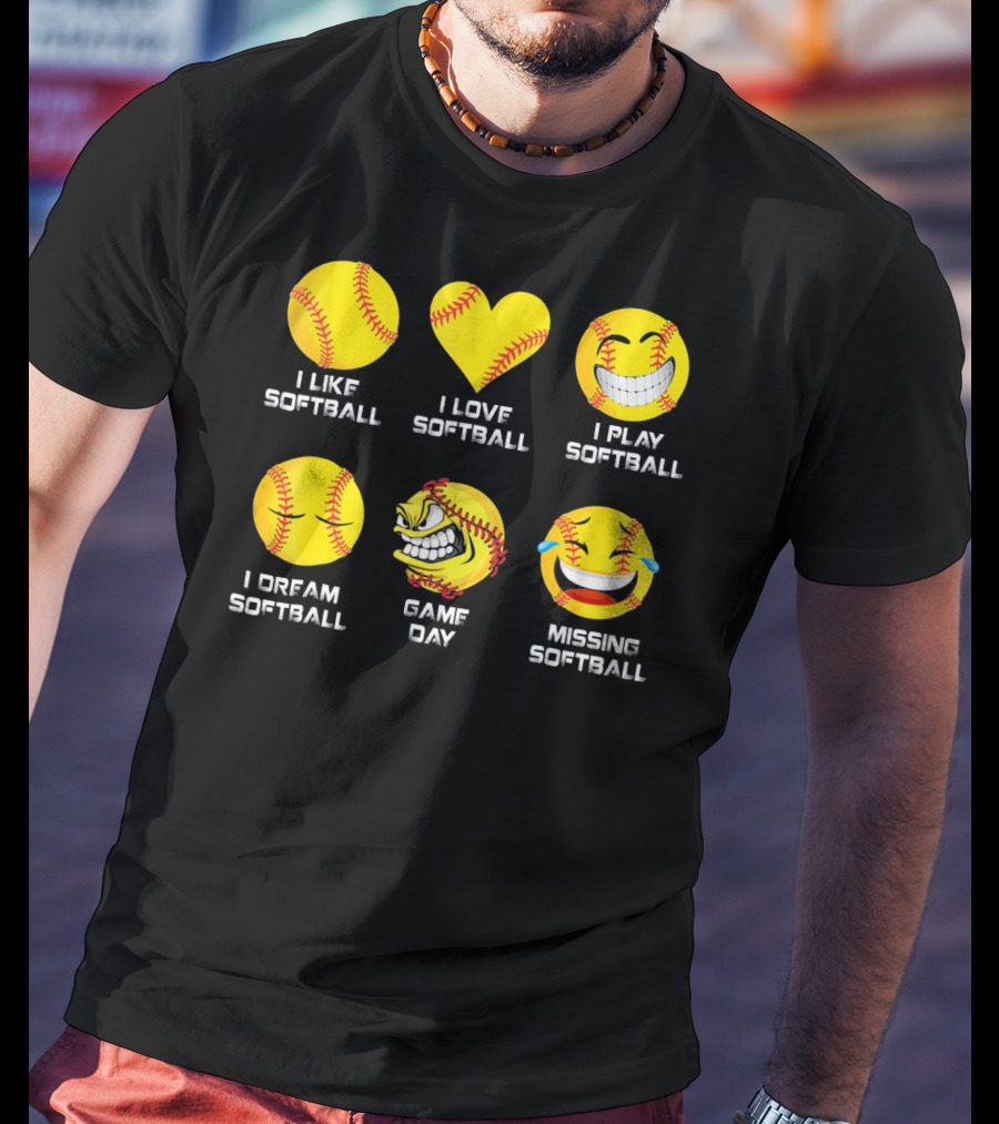 Softball Emoji I Like Love Play Dream Game Day Missing Softball T-Shirt