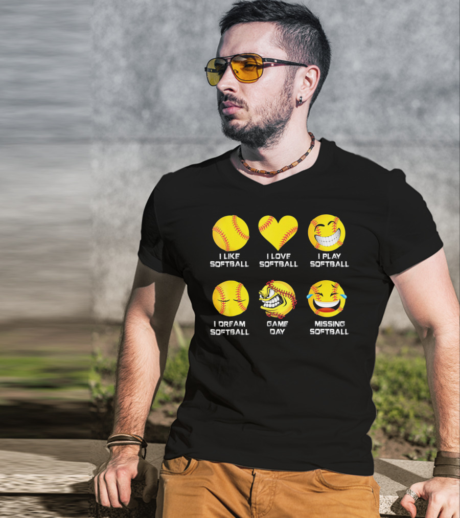 Softball Emoji I Like Love Play Dream Game Day Missing Softball T-Shirt