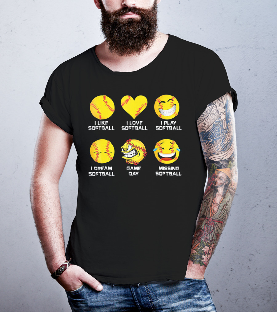 Softball Emoji I Like Love Play Dream Game Day Missing Softball T-Shirt
