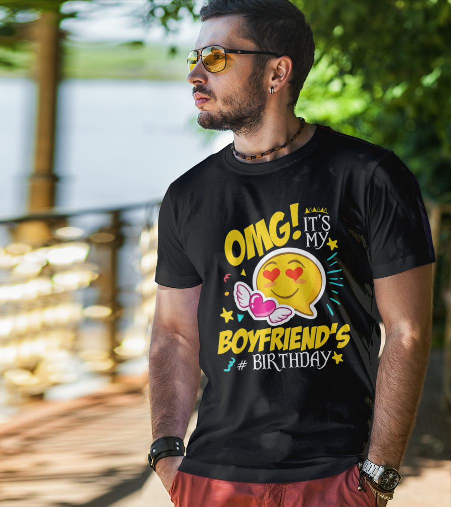 OMG It's My Boyfriend's Birthday Cool Emo Emoji Hearts Wings T-Shirt