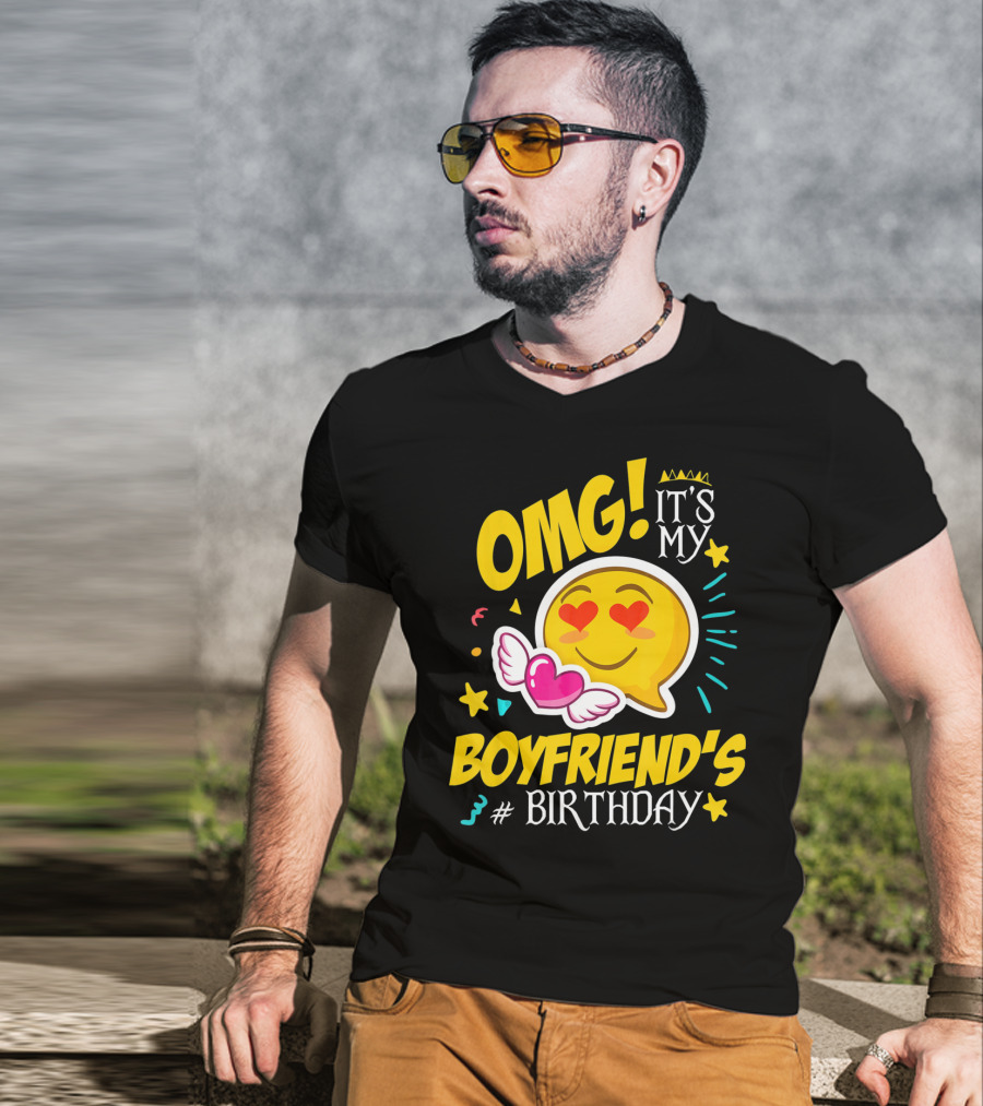 OMG It's My Boyfriend's Birthday Cool Emo Emoji Hearts Wings T-Shirt