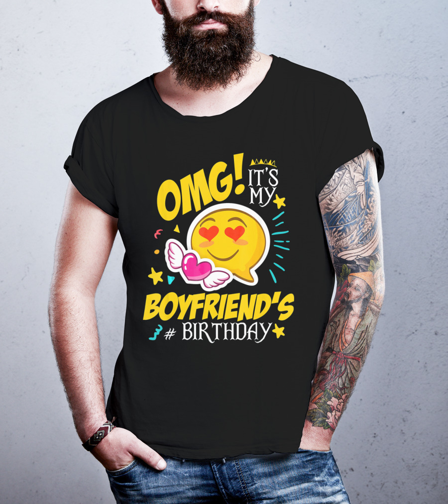 OMG It's My Boyfriend's Birthday Cool Emo Emoji Hearts Wings T-Shirt