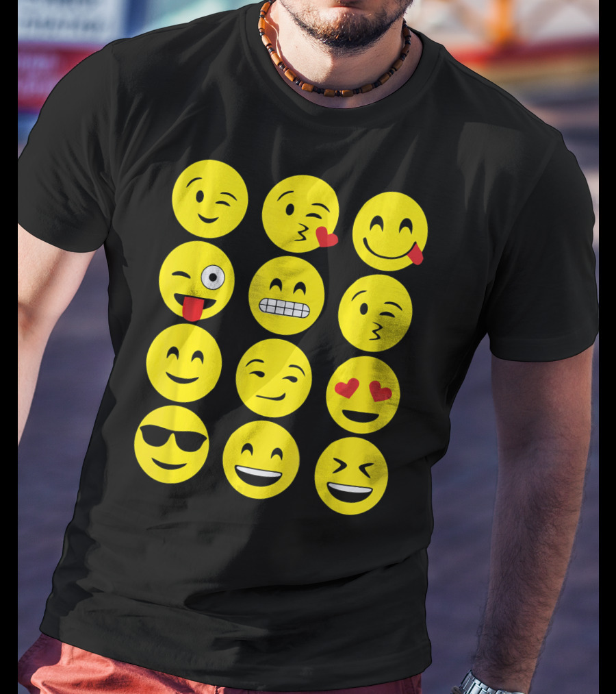 Emojis Funny Emoji Yellow Face Winking Smiling Heart Eyes Sunglasses Expression T-Shirt