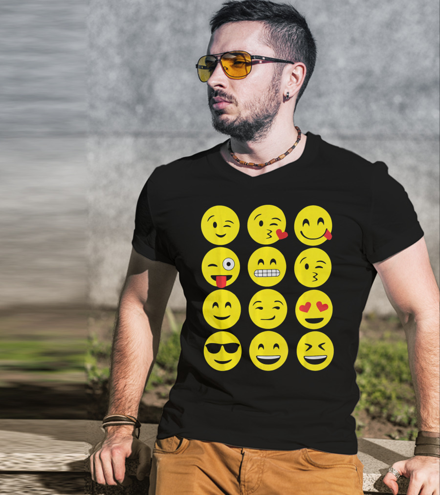 Emojis Funny Emoji Yellow Face Winking Smiling Heart Eyes Sunglasses Expression T-Shirt