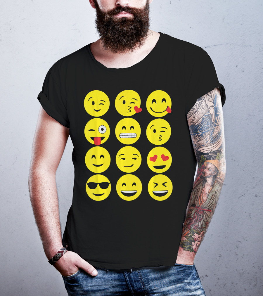 Emojis Funny Emoji Yellow Face Winking Smiling Heart Eyes Sunglasses Expression T-Shirt