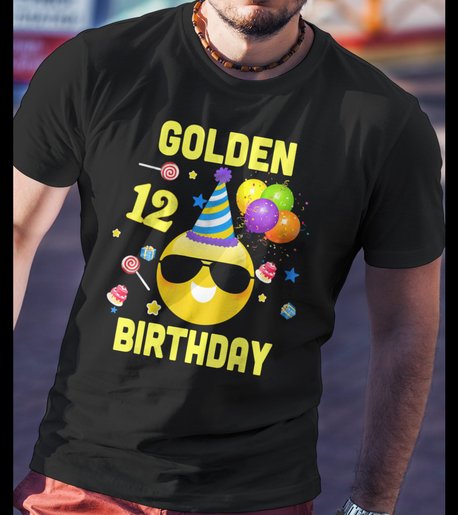 Golden Birthday 12 Emoji Party Hat Sunglasses Balloons Confetti T-Shirt