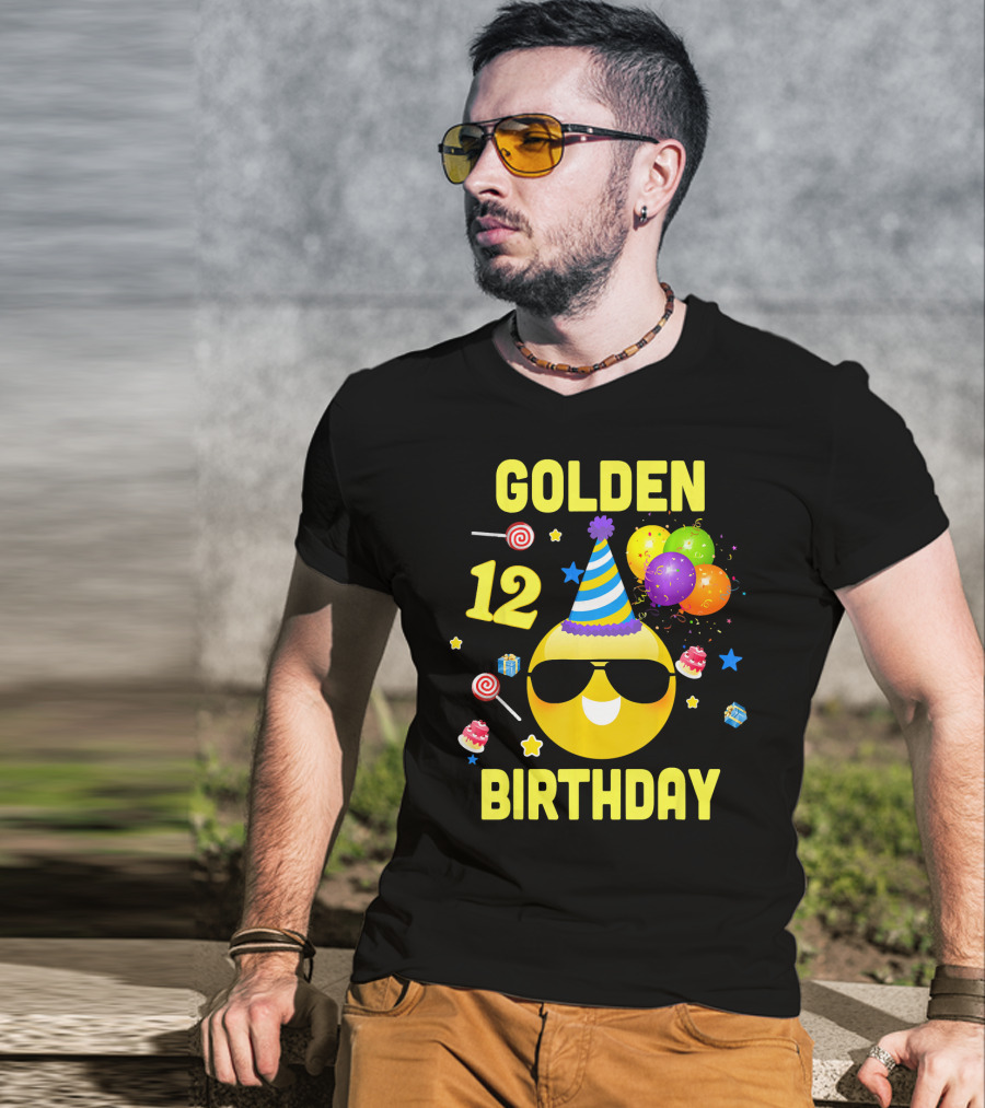 Golden Birthday 12 Emoji Party Hat Sunglasses Balloons Confetti T-Shirt