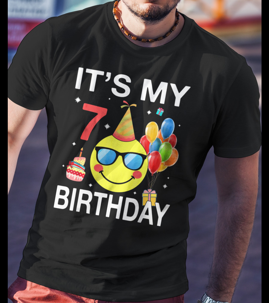 IT'S MY 7 BIRTHDAY Emoji Party Hat Sunglasses Balloons Cake T-Shirt