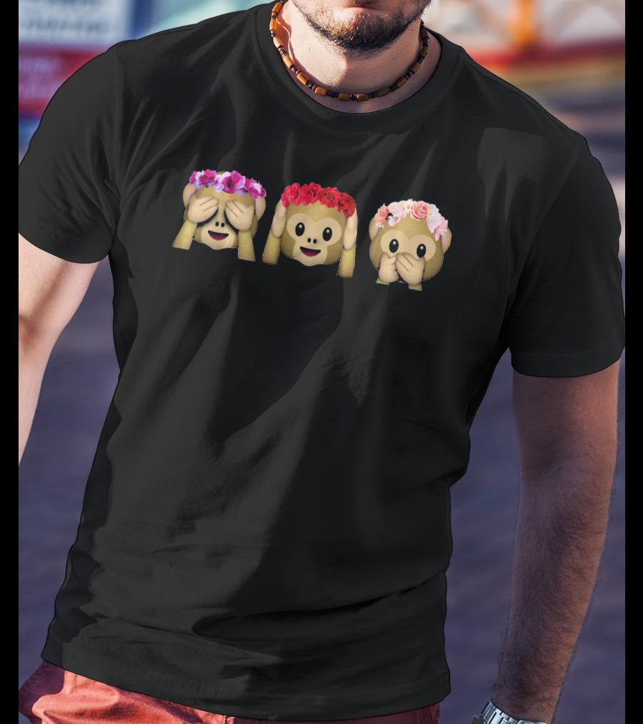 Three Emoji Monkey Flower Crown Hear Speak See T-Shirt