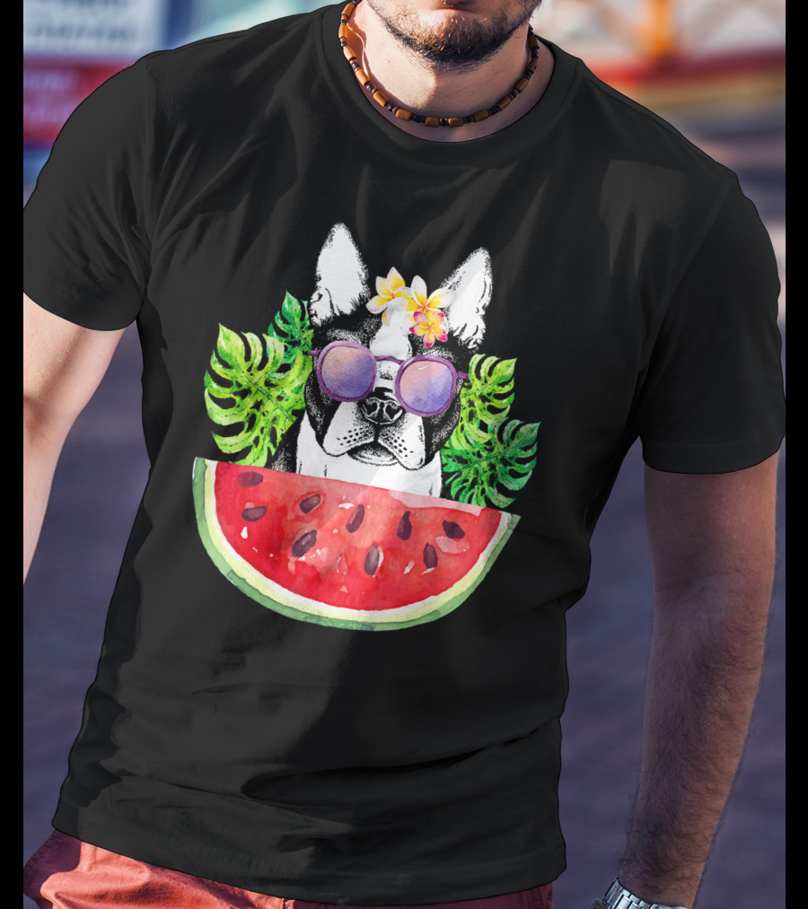 Funny Boston Terrier Love Summer Watermelon Sunglasses Tropical Vibes T-Shirt