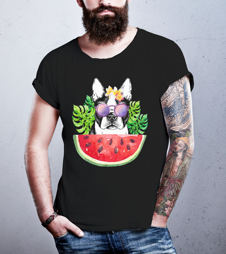 Funny Boston Terrier Love Summer Watermelon Sunglasses Tropical Vibes T-Shirt