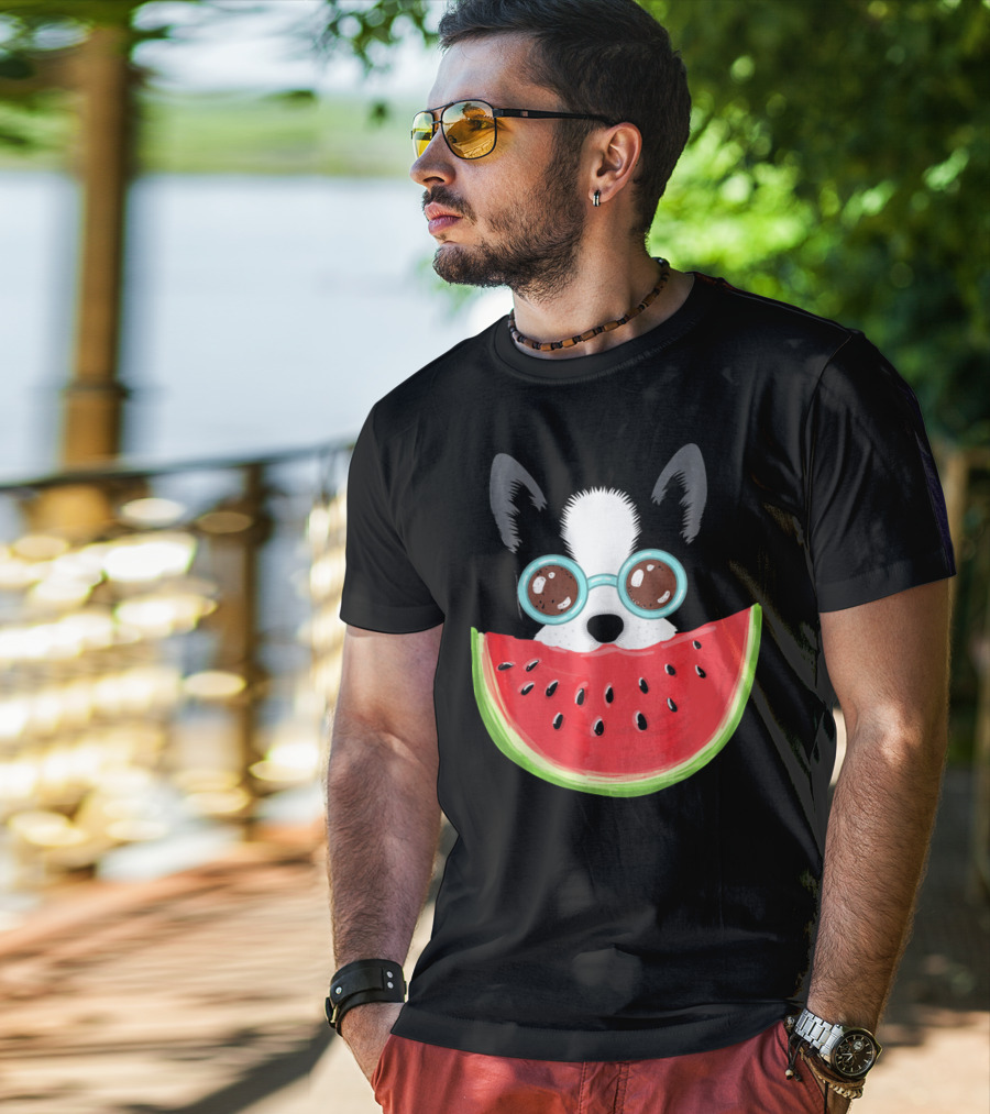 Watermelon Love Funny Boston Terrier With Sunglasses T-Shirt