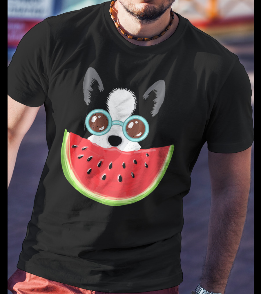 Watermelon Love Funny Boston Terrier With Sunglasses T-Shirt
