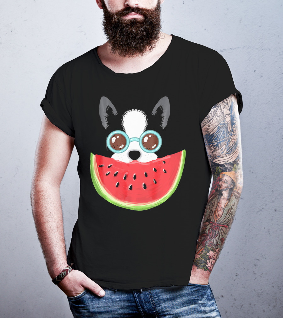 Watermelon Love Funny Boston Terrier With Sunglasses T-Shirt
