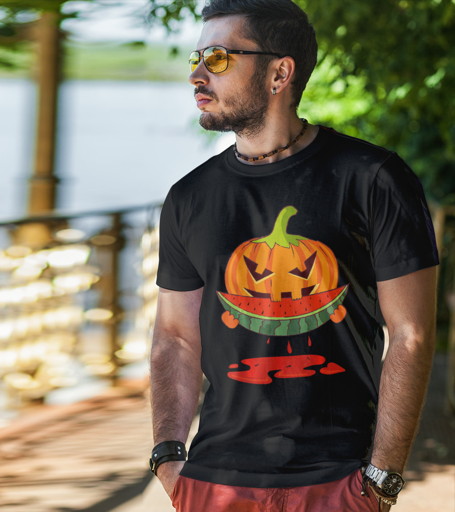 Creepy Pumpkin Devours Juicy Watermelon In Spooky T-Shirt