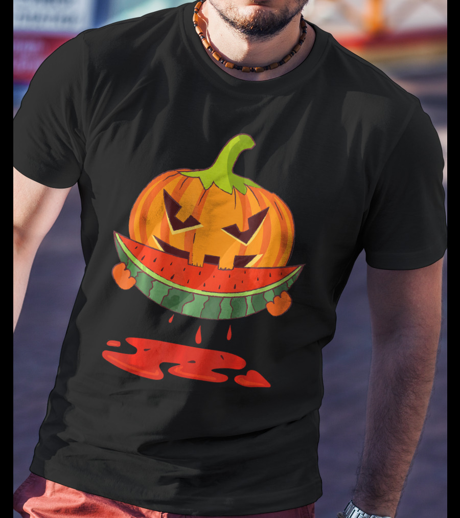 Creepy Pumpkin Devours Juicy Watermelon In Spooky T-Shirt