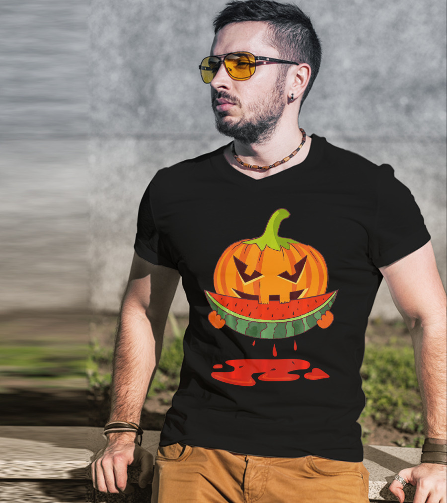 Creepy Pumpkin Devours Juicy Watermelon In Spooky T-Shirt