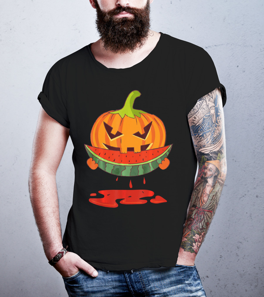 Creepy Pumpkin Devours Juicy Watermelon In Spooky T-Shirt