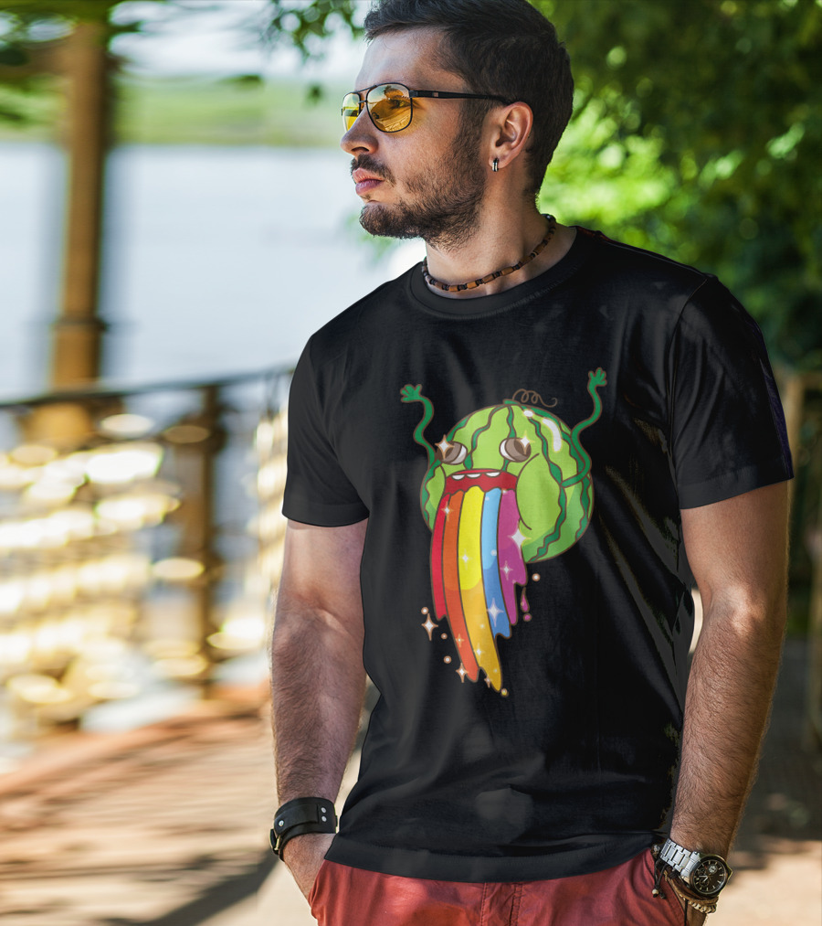 Comic Watermelon Vomits Sparkling Rainbow Streams T-Shirt