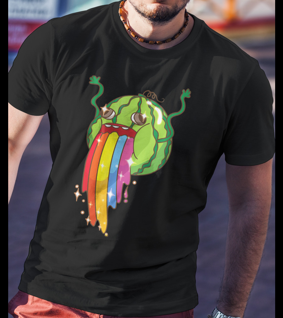 Comic Watermelon Vomits Sparkling Rainbow Streams T-Shirt
