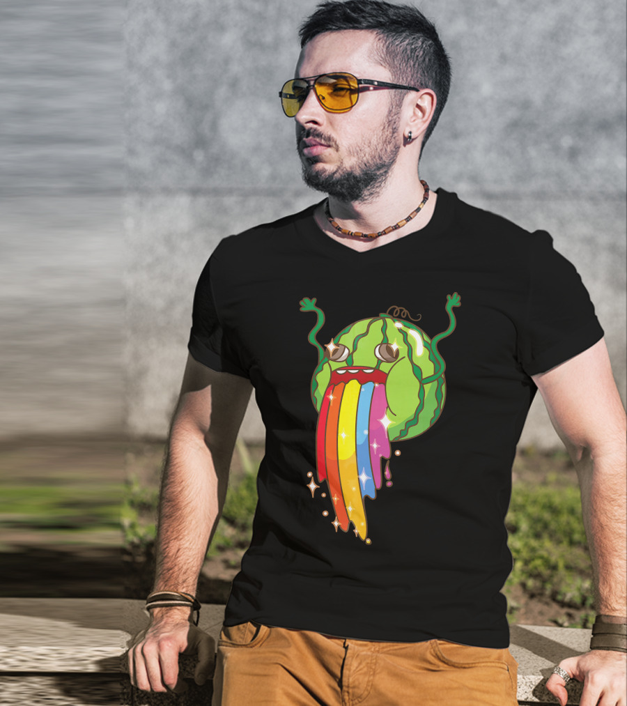 Comic Watermelon Vomits Sparkling Rainbow Streams T-Shirt