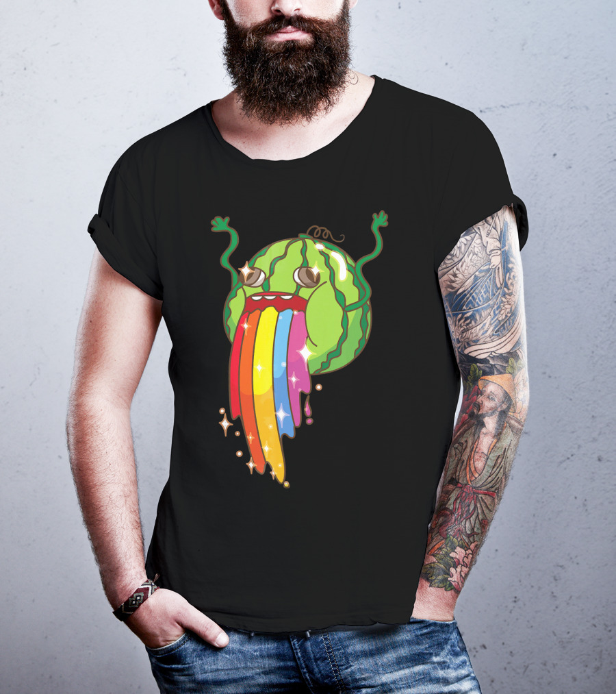 Comic Watermelon Vomits Sparkling Rainbow Streams T-Shirt