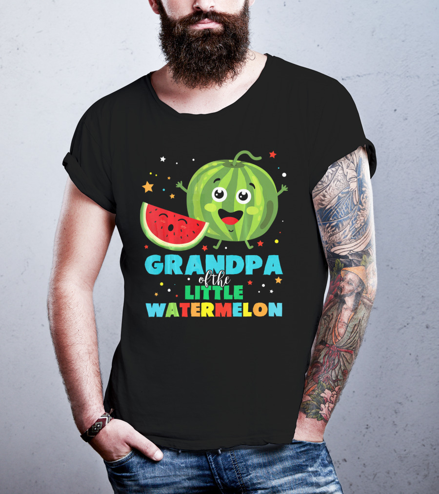 Grandpa Of The Little Watermelon With Happy Cartoon Fruit And Colorful Stars T-Shirt