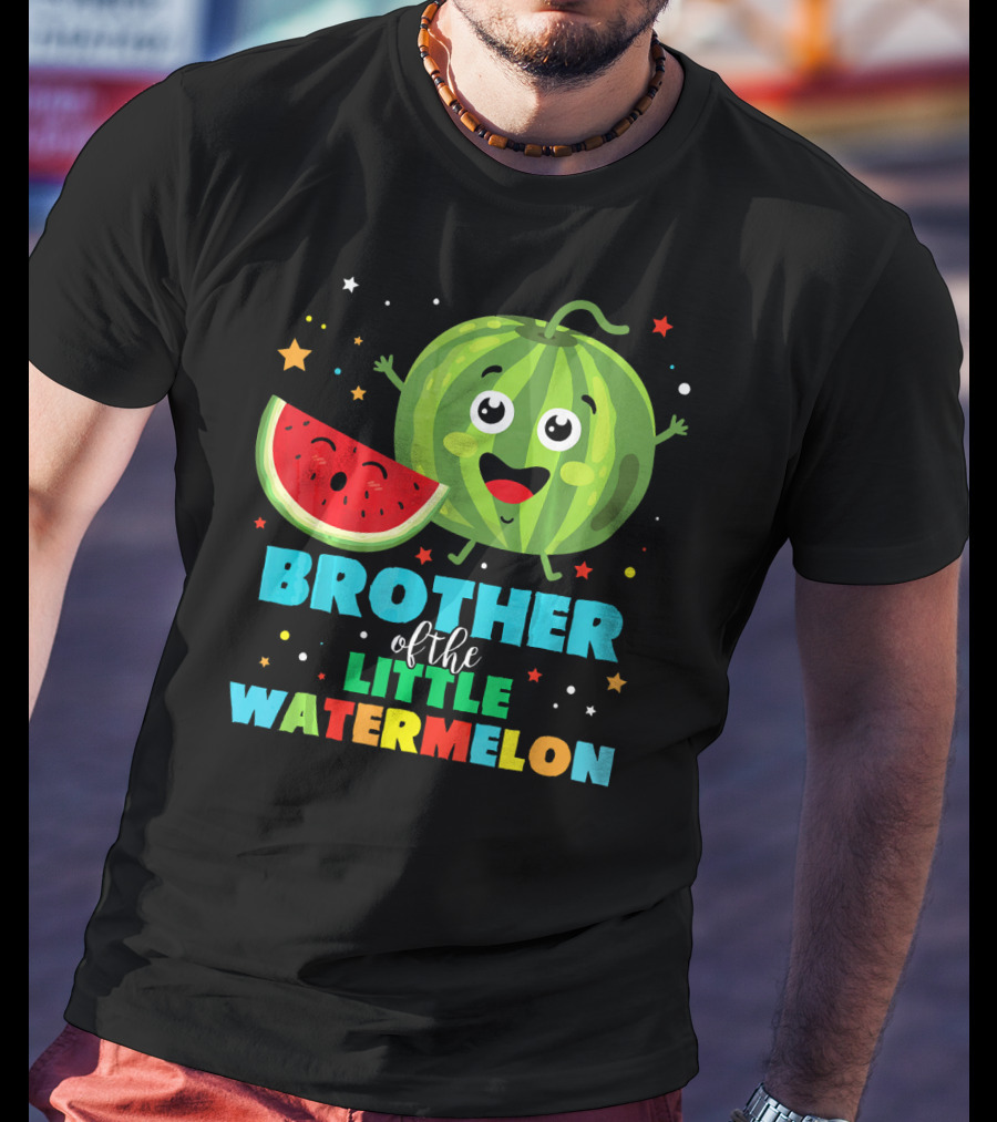 Brother Of The Little Watermelon Happy Cartoon Character With Slice And Stars T-Shirt