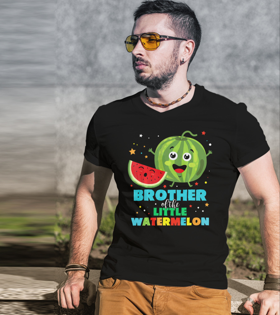 Brother Of The Little Watermelon Happy Cartoon Character With Slice And Stars T-Shirt