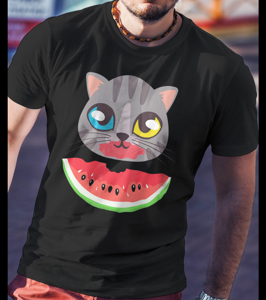 Watermelon Cat Funny Cat With Dual-Colored Eyes And Watermelon Slice T-Shirt