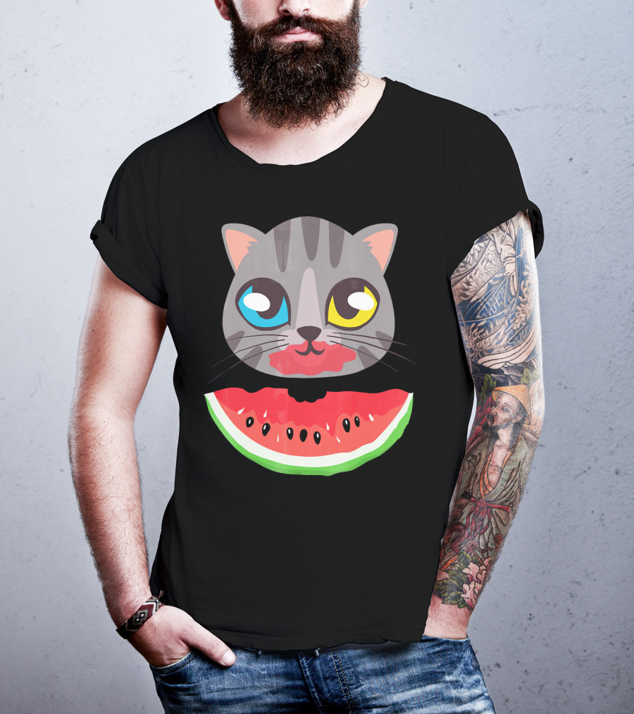 Watermelon Cat Funny Cat With Dual-Colored Eyes And Watermelon Slice T-Shirt