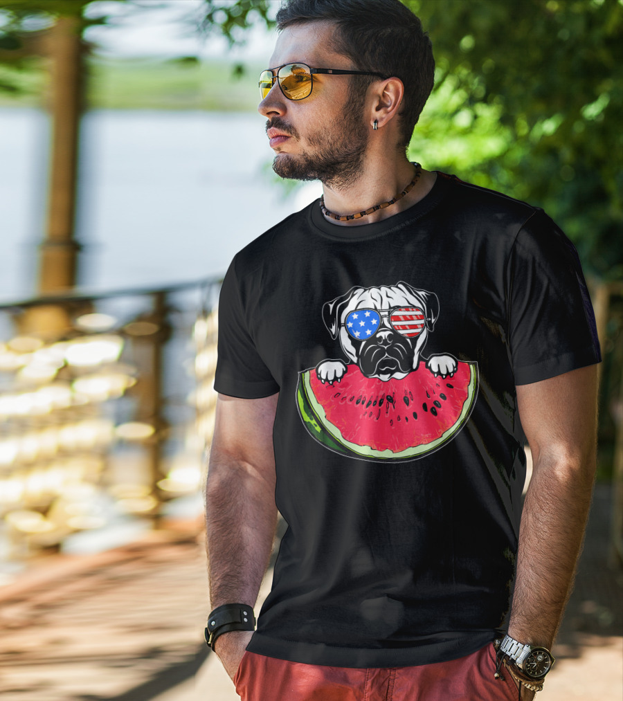 Funny Watermelon Day Pug American Flag Glasses T-Shirt