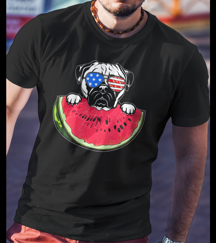 Funny Watermelon Day Pug American Flag Glasses T-Shirt