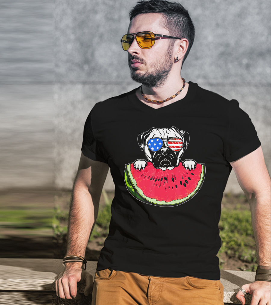 Funny Watermelon Day Pug American Flag Glasses T-Shirt