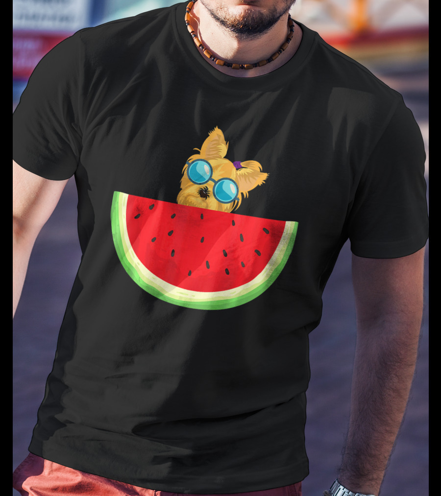 Yorkie Dog With Sunglasses And Watermelon Slice T-Shirt