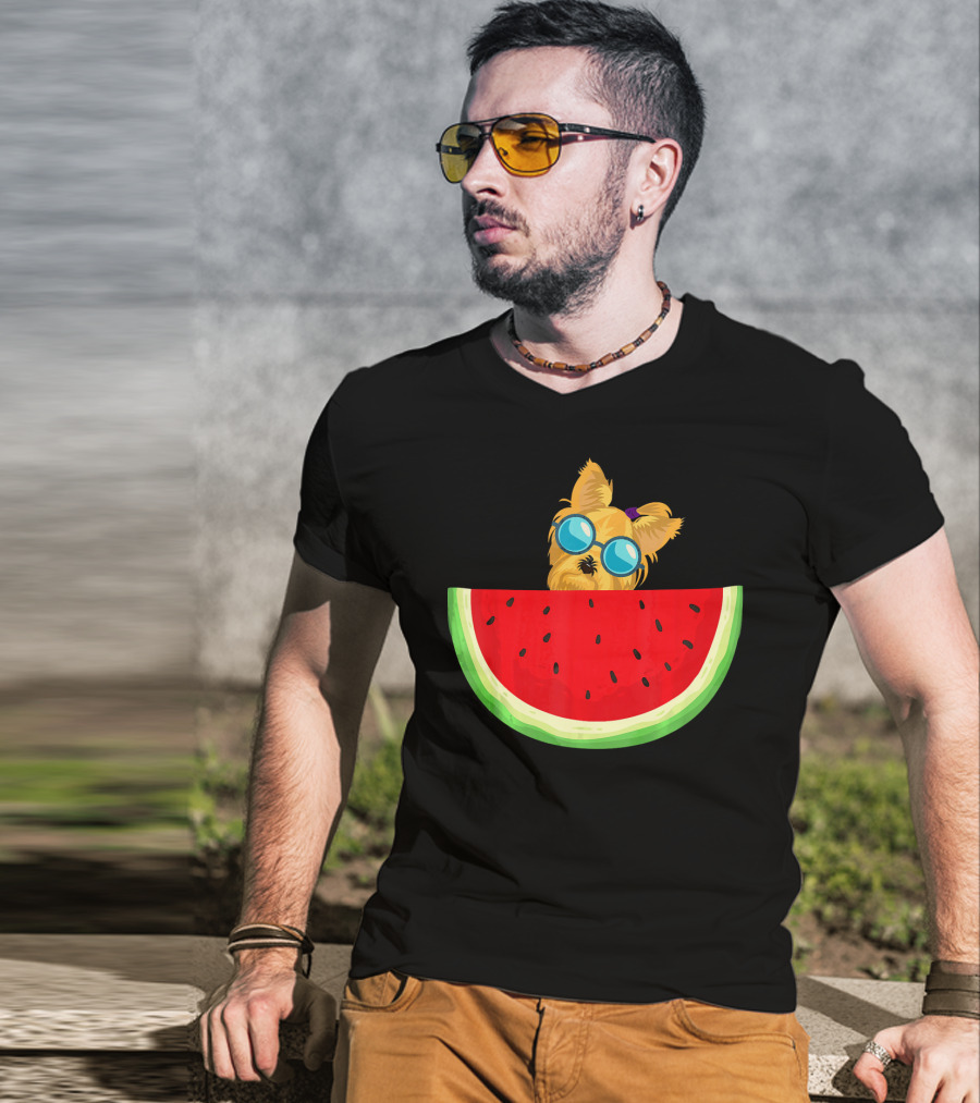 Yorkie Dog With Sunglasses And Watermelon Slice T-Shirt