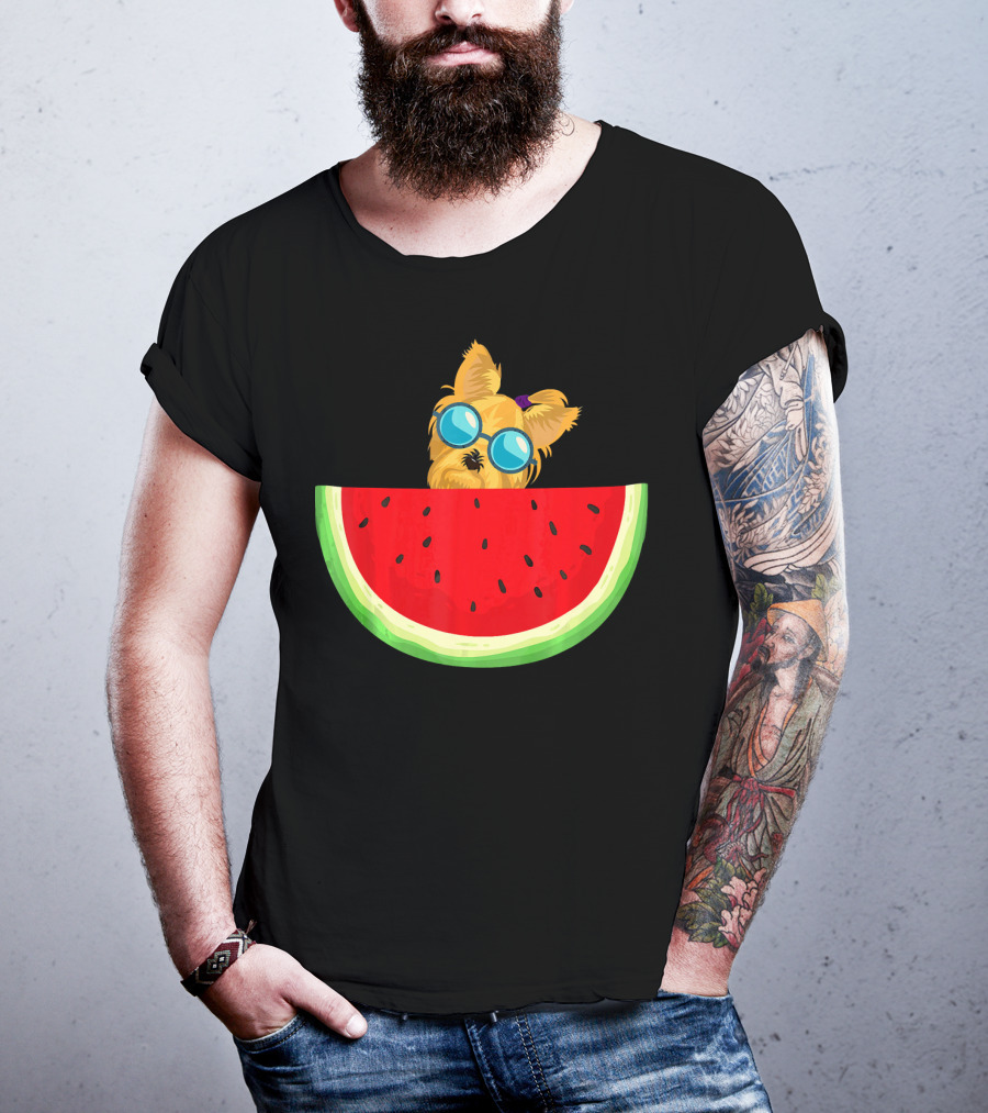 Yorkie Dog With Sunglasses And Watermelon Slice T-Shirt