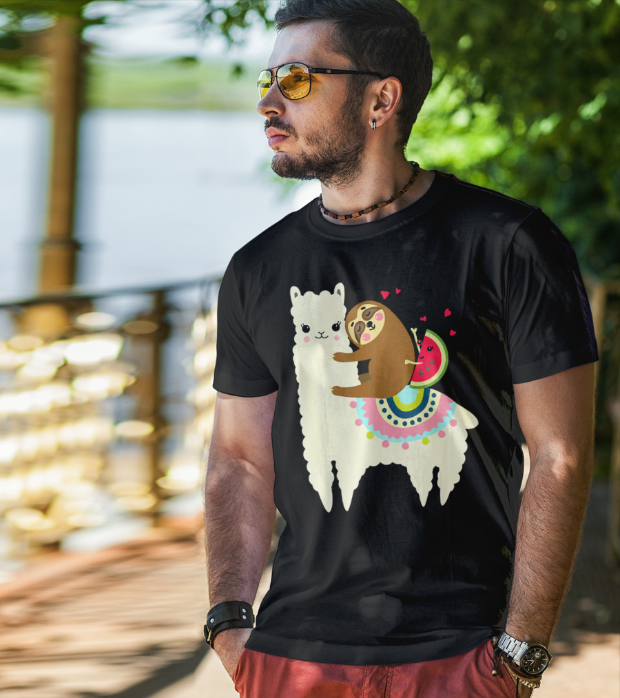 Sloth Hugging Watermelon With Hearts On Colorful Llama T-Shirt