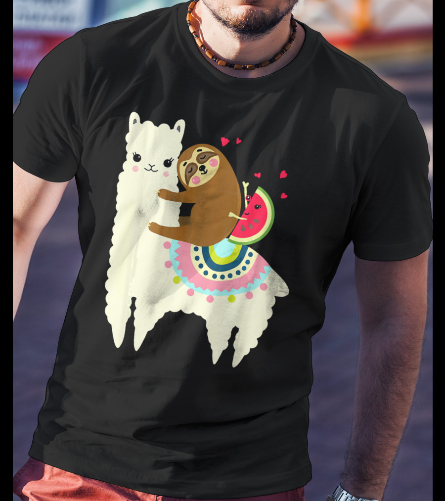Sloth Hugging Watermelon With Hearts On Colorful Llama T-Shirt