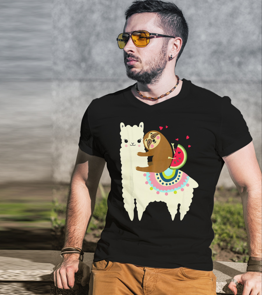 Sloth Hugging Watermelon With Hearts On Colorful Llama T-Shirt