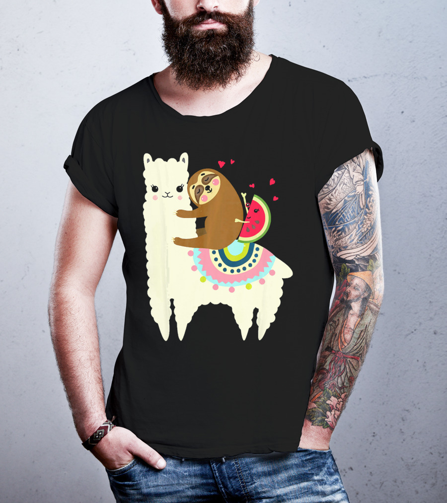 Sloth Hugging Watermelon With Hearts On Colorful Llama T-Shirt